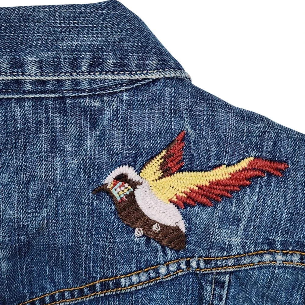 Vintage Tommy Hilfiger Jean Jacket M Women Y2K Embroidered Bird Heart Love Patch - Picture 3 of 16
